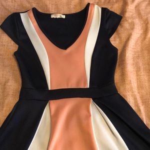 navy blue+ peach & white dress